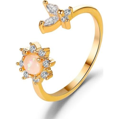 New Charming Sun flower Opal Rings For Women Butterfly Opening Adjustable AAA White Zircon Cubic rings Female Party Jewelry Gift