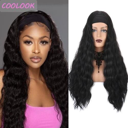 26''Natural Black Body Wave Headband Wigs African American Head Wraps Wigs for Black Women Synthetic Wavy Cosplay Wig with Scarf