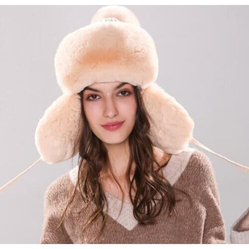 Russian Bomber Hats with Pom Pom Winter Womens Hat Warm Kitted Hat with Ear Flap Faux Fur Trapper Cap