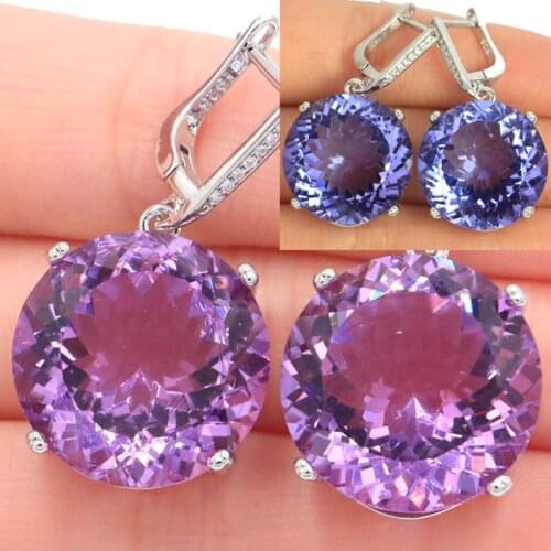 35x20mm SheCrown Big Round Jewelry Set Created Color Changing Alexandrite Topaz Dating Silver Pendant Earrings