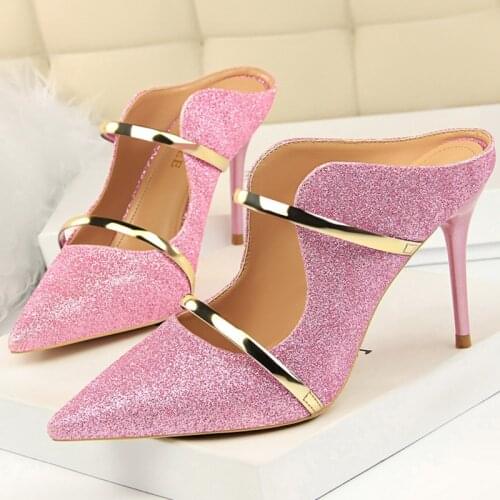 2021 Summer Sexy Women Bling 9cm Stripper High Heels Nightclub Slippers Silver Pink Pencil Heels Sequin Slides Prom Mules Shoes