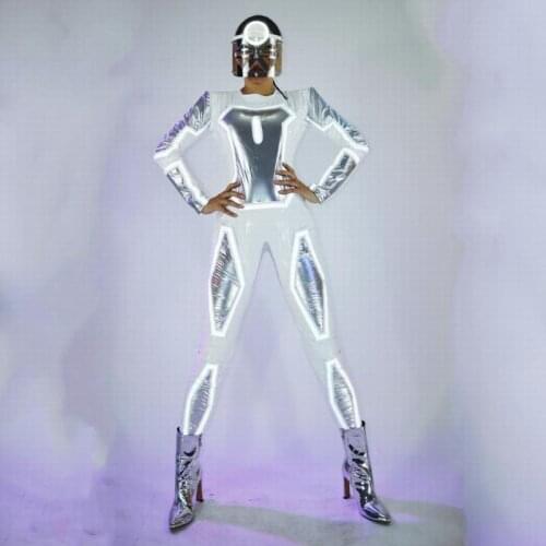 Led dance stage space costume women light up wear carnival show clothes mask ball mirror men gogo dancer robot led suit