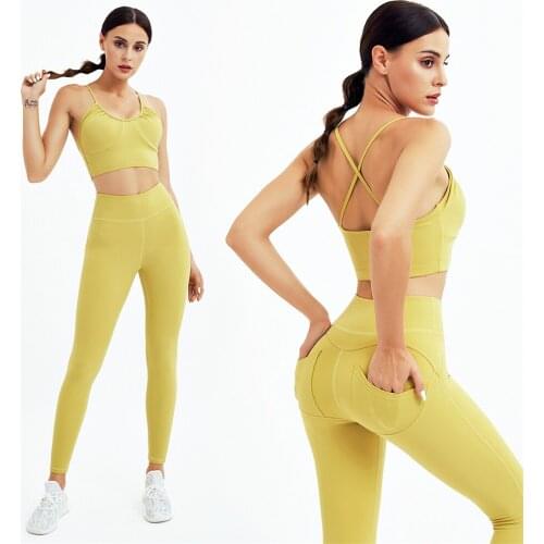 Yoga Sets Women Sportswear for Fitness Gym Running Sports Clothes 2 PCS Seamless Sexy Sling Bra Pocket Leggings Tracksuit,ZF915
