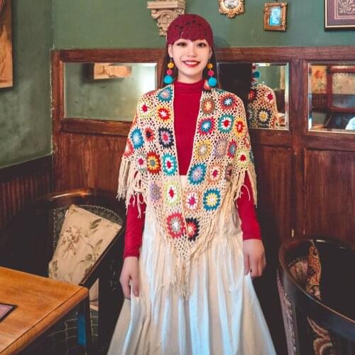 New Women Scarf Color Wool Handmade Weaving Autumn Flower Bohemian National Style Travel Plaid Scarves Tassel Manual 135*68Cm