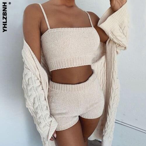 YHLZBNH 2PCS/Set Women Tracksuit Set Sleeveless Ladies Wear Cable Knit Crop Top Streetwear Suit Solid Autumn Shorts Suit Clothes