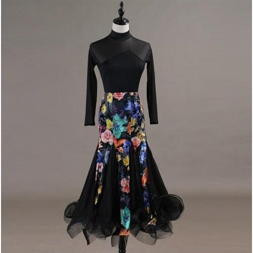 Modern Dance Long Black Dress Women Ballroom Dance Long Sleeve Mesh Dress Standard Ballroom Dancing Skirt Waltz Wear DQL1955