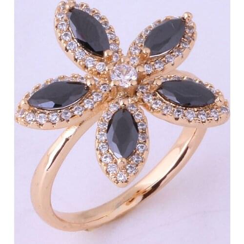Love Monologue Exquisite Flower Shape Black Stone Banquet Ring Yellow Gold Color Rings Women Top Quality Brand Jewelry X0047