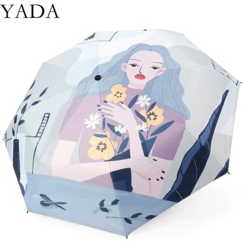 YADA 2020 Hand-Painted Girl Cat Pattern 3-Folding Umbrella Women UV Rainproof Umbrella Parasol Rain Sun Light Umbrellas YD200198