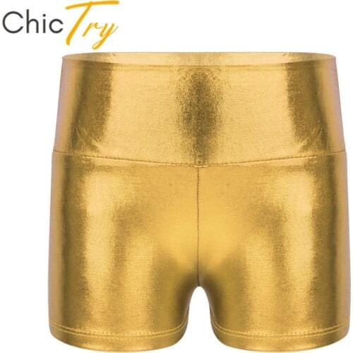 ChicTry Kids Teens Metallic Shiny Gymnastics Shorts High Waist Ballet Shorts Bottoms Activewear Girls Sports Workout Dance Wear