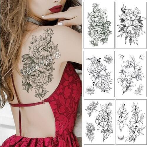 Big Rose Peony Lily Lotus Henna Flower Waterproof Temporary Tattoo Sticker Black Tatto Body Art Arm Hand Fake Tatoo For Women