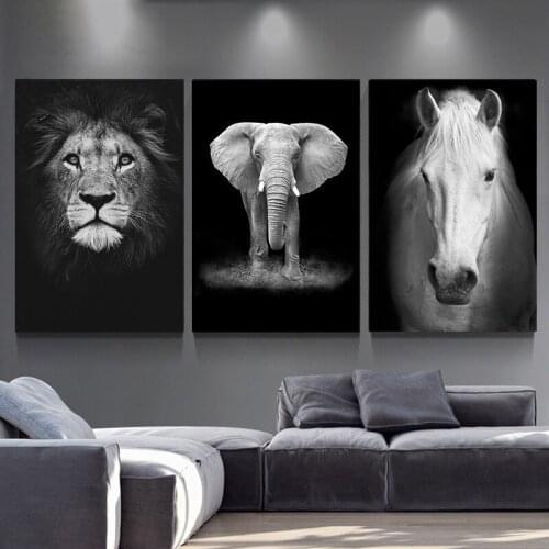 Black and White Painting Triptych Inkjet Art Decorations Lion Giraffe Elephant Rhino Canvas Painting Home Decor Wall Hanging