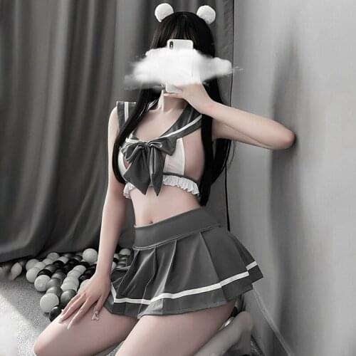 Exotic Womens Erotic Fantasy Lingerie Bowknot Lace Top Pleated Skirt Set Japanese Kawaii Student Cosplay Alternative Costume