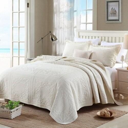 France Beige Embroidered Quilt Set 3PCS Solid Quilted Bedding Cotton Quilts Bedspread for Bed Covers King Size Coverlet Cover