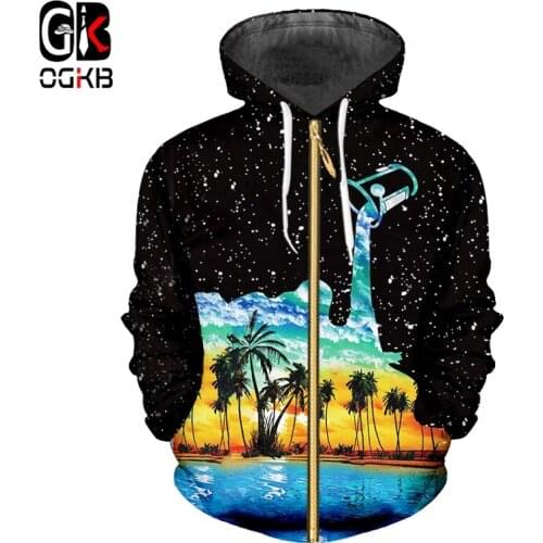 OGKB New Harajuku Cool Cup Pour Milk Printed 3d Hoodies Sweatshirt Women/mens Hiphop Zipper Jacket Hooded Jumpers