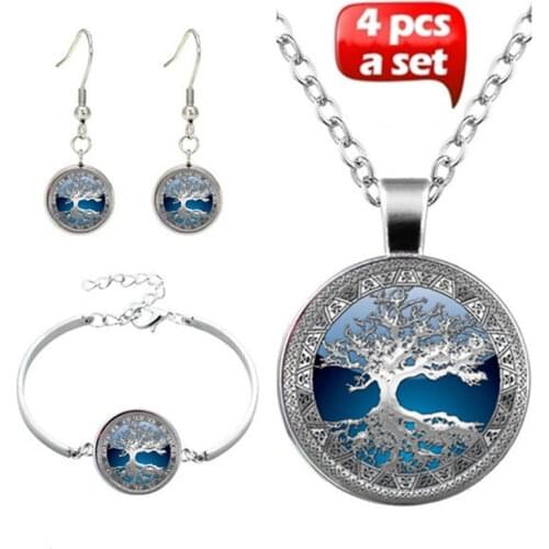 Necklace Bracelet Earring Set Celtic Tree of Life Photo Tibetan Silver Cabochon Glass Pendant (4 pieces)