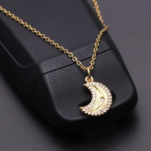 2021 Trendy Moon Type Full Of Diamonds Necklace Copper Gold-plated Pendant Choker Stainless Steel Chain For Women Jewelry