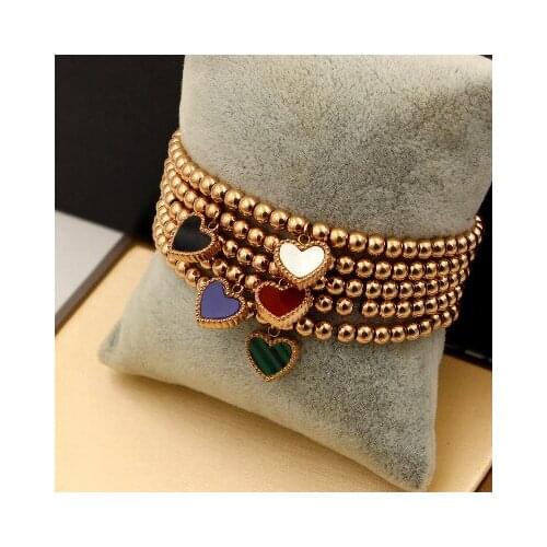 Fashion Double-sided Peach Heart Beads Stretch Rope Titanium steel ROSE Gold Color bracelet ,Hearts charms bracelet for girls