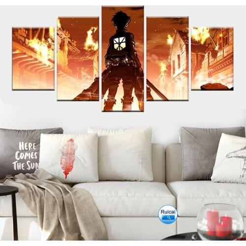 Modular HD Printing 5 Panel Home Decor Childrens Room Mural Wall Art Manga Cloth Painting Poster Attack Giant