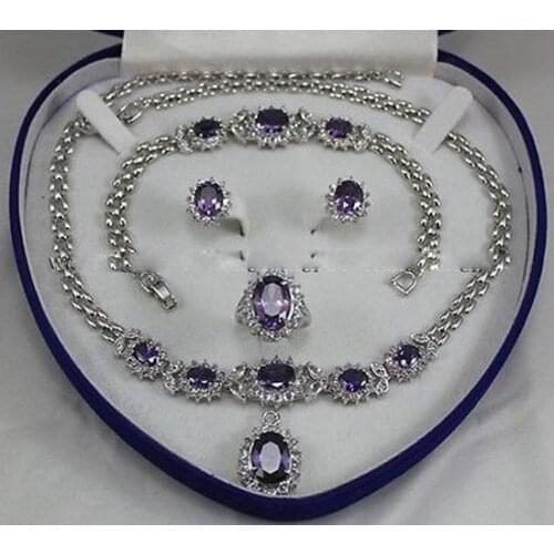 Beautiful!Amethyst Inlay Link Bracelet earrings Ring Necklace Set + Gift Box 5.23