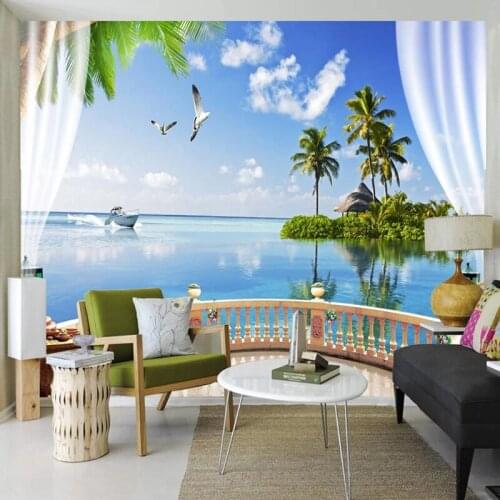 Custom Mural Wallpaper Modern 3D Balcony Coconut Tree Sea View Photo Wall Painting Living Room Dining Room Self-Adhesive Sticker