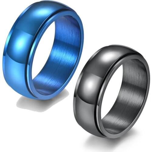 New Black Blue Color Ring Mens Wedding Bands Stainless Steel Rotatable 8mm Male Anel Stylish Punk Ring for Men anillos mujer