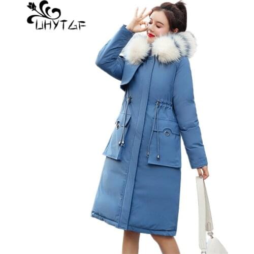 UHYTGF Parka Long Coat Women Winter Warm high quality Thicken Coat Female Down cotton Outwear splice belt Big Pocket Jacket X548