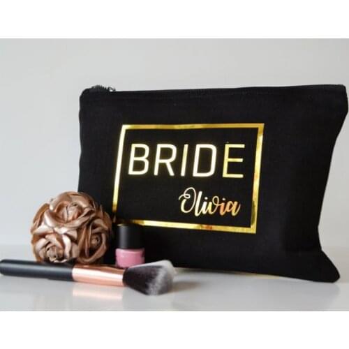 Personalize wedding bride bridesmaid maid of honor makeup bags make up pouches travelling honeymoon toiletry containers