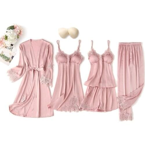 5PCS Pajamas Suit Women Intimate Lingerie Satin Sleepwear Kimono Robe Gown Casual Bride Bridesmaid Wedding Gift Sexy Nightgown