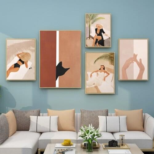 Fashion Poster Sexy Woman Wall Art Black Cat Canvas Print Leafs Vintage Pictures Abstract Nordic Posters and Prints Home Decor