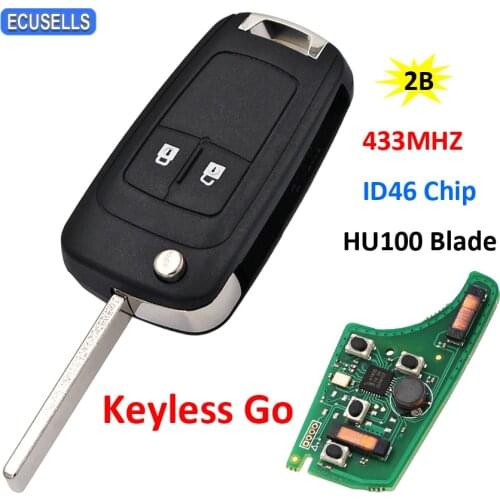 2 Button Keyless-go Folding Flip Remote Key Smart Car Key for Chevrolet 433MHz ID46 46 Chip HU100 Uncut Balde ( After Market )
