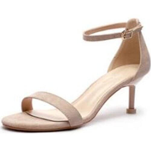 Sandals Women Mid Heel Summer Slip-on Buckle Ladies Shoes Buckle Strap Round Toe Flock 6.5CM Thin High Heels women shoes black