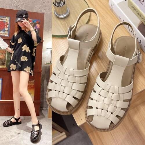 Retro Cutout Womens Sandals Ladies Fashion Platform Buckle Sandals Casual Solid Color PU Leather Non-slip Female Beach Shoes