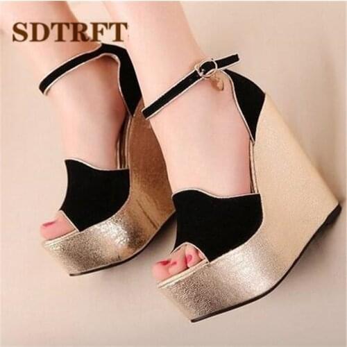 SDTRFT Stiletto Ladies wedges Sandals Platform shoes woman 15cm High Heeled zapatos mujer Buckle Pumps Small Yards:30,31,32,33