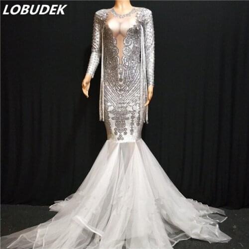 Female Luxury Stage Costume Silver Rhinestones Tassels Voile Trailing Dress Crystals Long Sleeve Long Dress Party Show Dresses