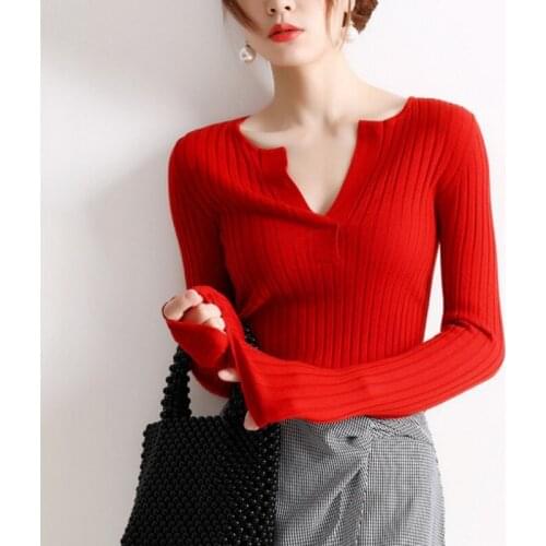 Fashion Slim Striped Thin Sweater Women Casual Solid Color Knitted Tops Female V-neck Long Sleeve Pullovers