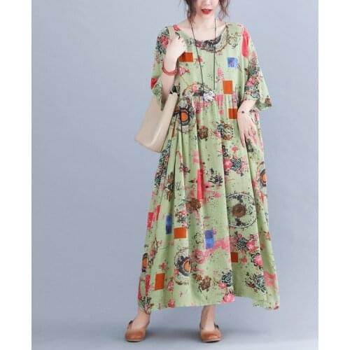 2021 New Arrival Short Sleeve Loose Summer Dress Soft Cotton Linen Print Floral Vintage Travel Casual Women Long Maxi Dress