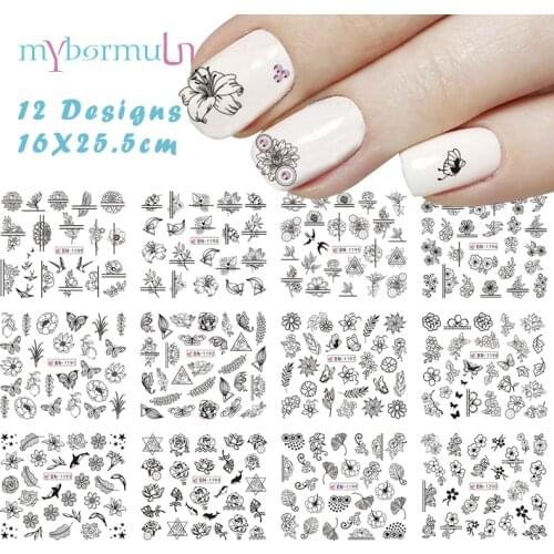 12 Types Black Nail Art Water Transfer Sticker butterfly flower leaf DIY Tattoos Slider Wraps Decoration Manicure BN1189-1200