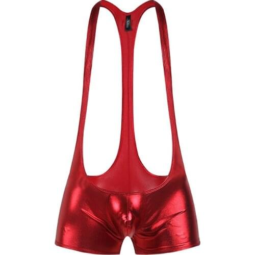 2019 Mens Sexy Bodysuit Sexy Man Jumpsuit Wresting Shapper Flashy Faux Leather Tight Body Mens Thong G string Erotic Underwear