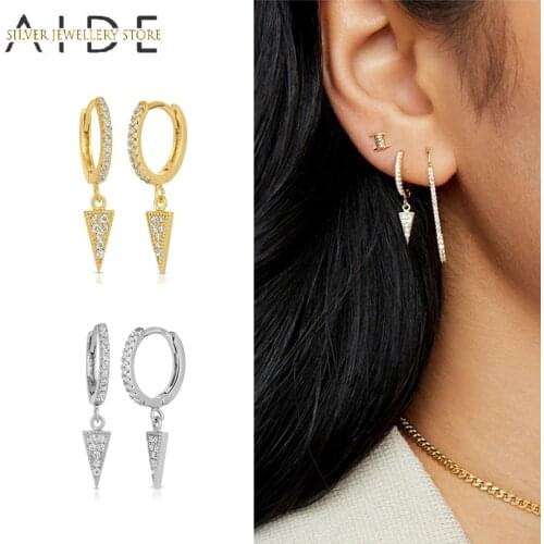 AIDE Luxurious Zircon Triangle pendientes Hoop Earrings for Women Girl Geometric Piercing Earings Silver 925 Jewelry kolczyki