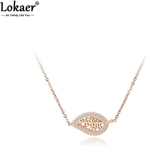 Lokaer Trendy Clay AAA Zircon Stainless Steel Chain Pendant Necklace Rose Gold Leaves Chokers Necklaces For Women Girls N19046
