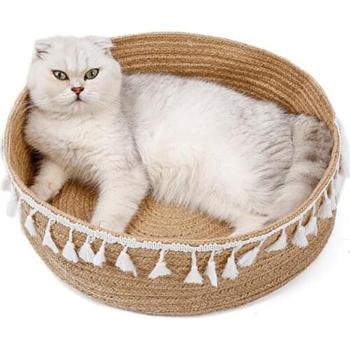 Pet Cat Bed House Red Net Natural Fringes Woven Hand-woven Cats House Sleeping Paw Grinding Round Bed