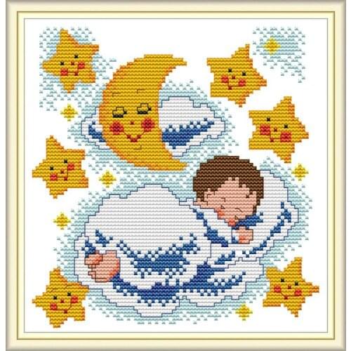 Joy Sunday Factory Direct Good Night Baby Counting Cross Stitch Character Pattern DMC 11 and 14CT DIY Home Decoration Handmade