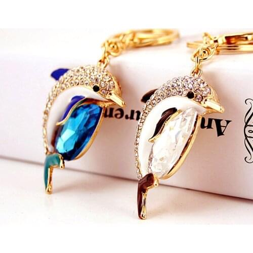 Creative Cute Crystal Gem Dolphin Key Ring Womens Bag Accessories Marine Animal Key Ring Metal Pendant