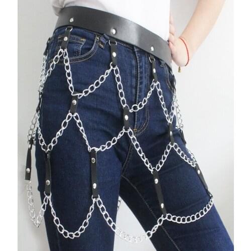 New Sexy Pub Female Leather Skirt Belts Punk Gothic Rock Harness Waist with Chain Body Bondage Hollow Belt