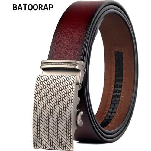 BATOORAP Designer Mens Leather Belt Automatic Buckle Metal Fashion Vintage Jean Waist Strap Male Wine Red Cowhide Ratchet Belt