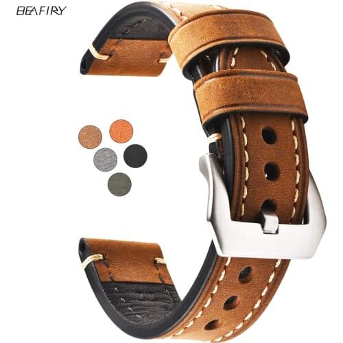 BEAFIRY Genuine Leather Watch Band Strap 20mm 22mm 24mm Retro Watchband Brown for fossil Panerai Brown Yellow Grey Black Green