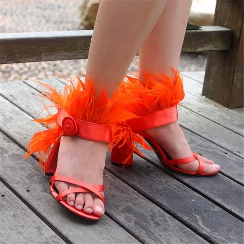 S Puffy Feather Sandals Party Shoes Women High Heel Satin Sandals Formal Occassion Shoes Ladies White Pink Wedding Shoes