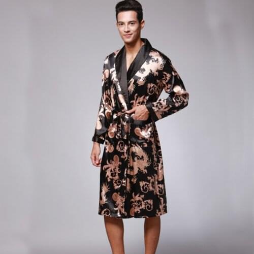 Spring Autumn Mens Bathrobes Printed Male Pajamas Full Sleeves Nightwear Sleepwear Satin Silk Robe Pyjama Belt Men Robe