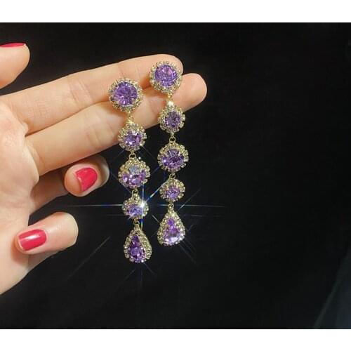 Vintage Purple Color Crystal Drop Earrings for Women Elegant French Style Exquisite Earring Korean Fashion Party Jewelry