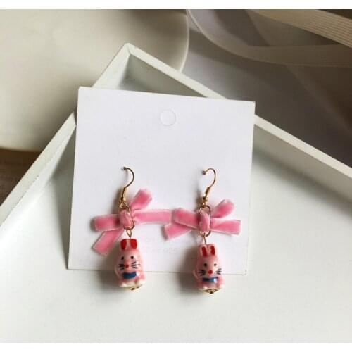 Japanese style Creative Pink Ribbon Bow Rabbit Clip on Earrings Cute Butterfly Tie Rabbit No Hole Clip Earrings for Women Girls